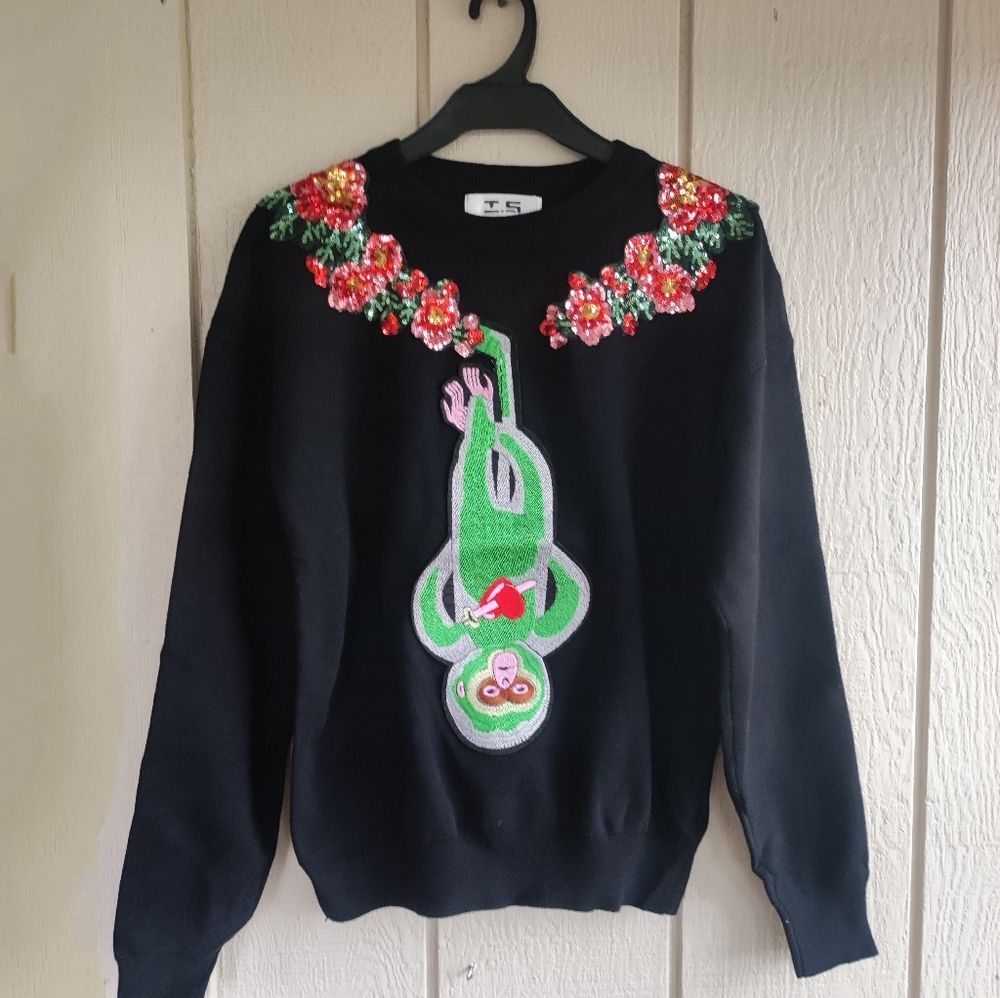 Fashion Embroidered Sequin Women's Sweater Monkey Design Black Trendy Warm